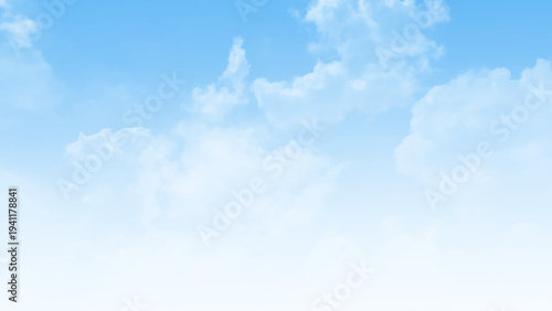 Sky blue background. Landscape white cloud with abstract texture, Nature summer design. Spring blue sky, clouds with light sun for holiday banner. Vector illustration.