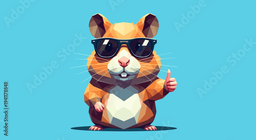 Cool low poly hamster giving a thumbs up with sunglasses on blue background