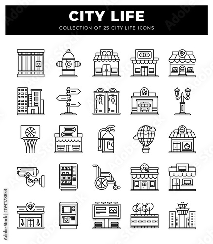 city life icons. linear graphics for urban elements.