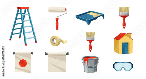 Painting tools collection with ladder, brushes, roller, and taped roll in flat design style