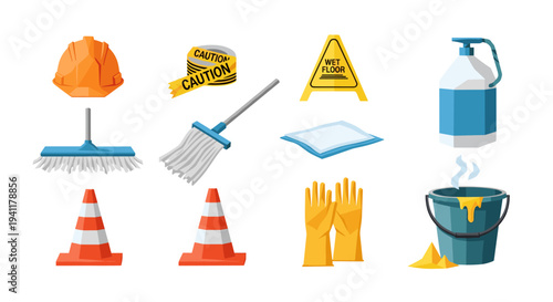 Cleaning and safety equipment set with caution signs and protective gear