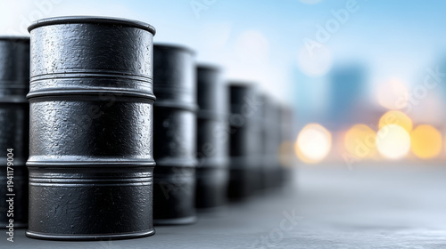 Crude Oil Barrels: A row of...