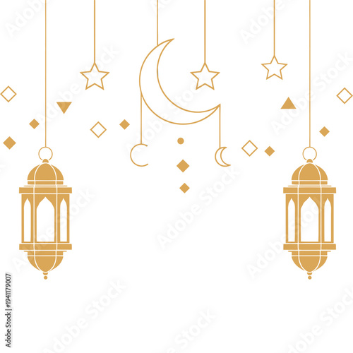 Golden Lanterns of Celebration: The image showcases ornate golden lanterns suspended from above, with crescent moons and stars in an elegant display of celestial illumination and cultural symbolism.