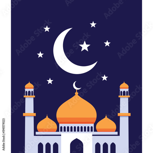 Mosque under the Moonlight: A stylized depiction of a grand mosque stands serenely beneath a crescent moon and twinkling stars, capturing the essence of spiritual serenity and cultural significance.