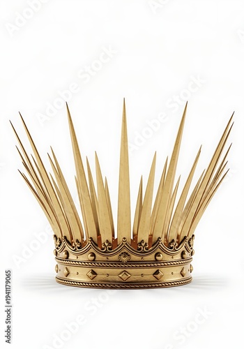 Gold crown with sharp spikes and decorative details on white background