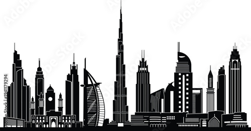 Dubai city skyline silhouettes with Burj Khalifa, Burj Al Arab, modern skyscrapers, architectural landmarks, urban landscape, travel destination, iconic buildings, vector illustration