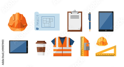 Construction tools and apparel collection with gear, blueprint, tablet, and safety equipment