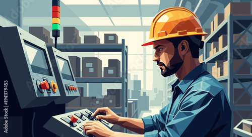 Warehouse worker in hard hat operating industrial machine in modern facility