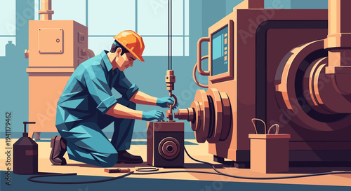 Skilled technician maintaining industrial machinery in a workshop setting