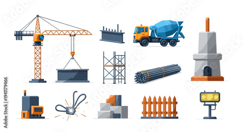 Construction equipment and tools set in modern flat design