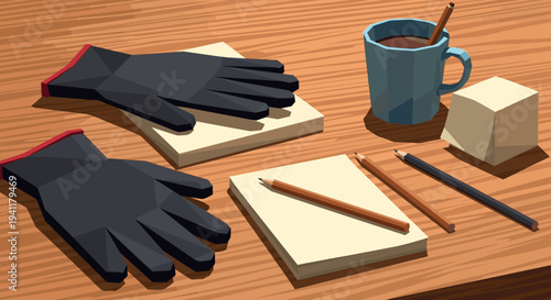 Geometric office supplies and gloves on wooden desk