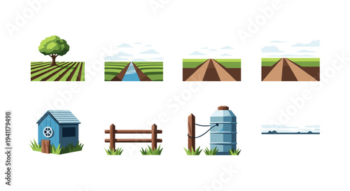 Agricultural set: fields, tree, barn, fence, and silo in flat design