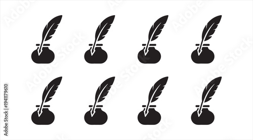 Minimal feather quill with ink bottle symbol set isolated on background for calligraphy concept