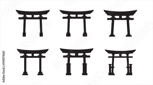 Shinto shrine gate icon collection in simple black design style