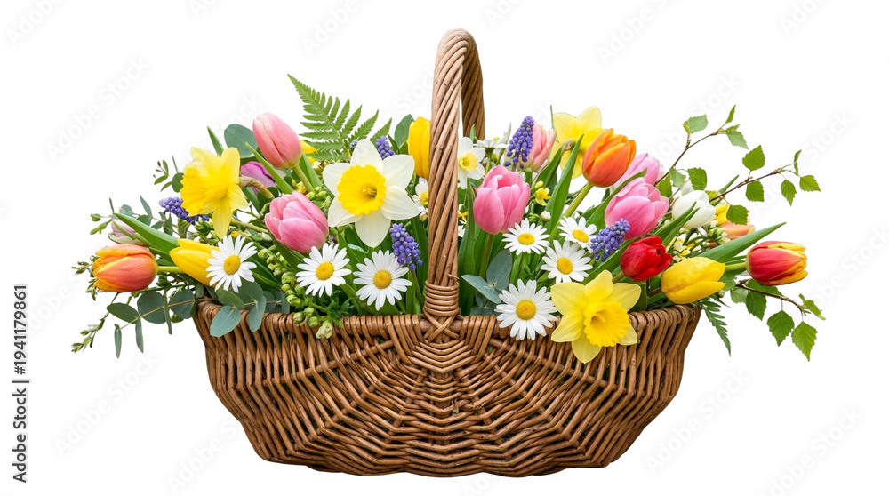 Obraz premium Spring Flower Basket with Tulips and Daffodils Isolated on Transparent Background