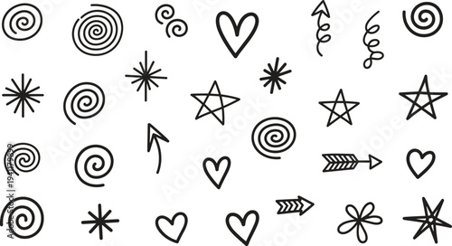 A collection of 25 hand drawn symbols including hearts stars spirals and arrows on a white background with black lines