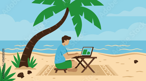 Digital Nomad Paradise: A Flat Design Illustration of Remote Work Against a Tropical Beach Backdrop.