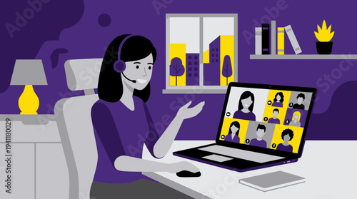 Seamless Communication: A Flat Design Illustration Capturing a Remote Worker's Productive Video Conference Call.
