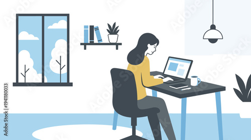 Focused Productivity: A Minimalist Flat Design Depicting Remote Work in a Bright Home Office.