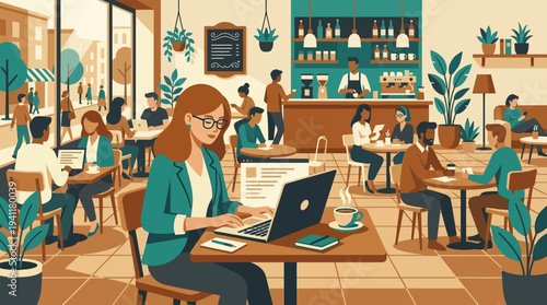 Urban Flexibility: A Flat Design Illustration Showcasing a Remote Worker's Vibrant Cafe Experience.