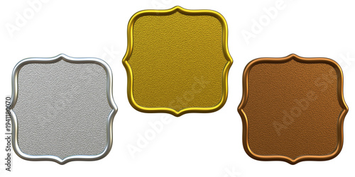 3D metallic decorative gold silver and bronze ranking frames on transparent background - Textured