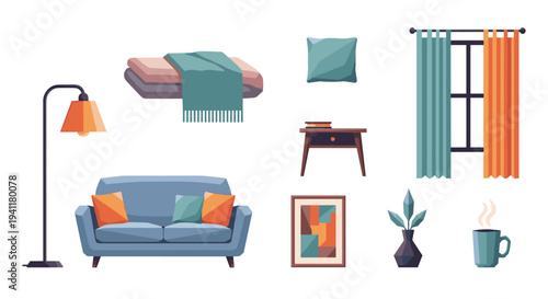 Modern living room elements in flat design with cozy furniture and decor
