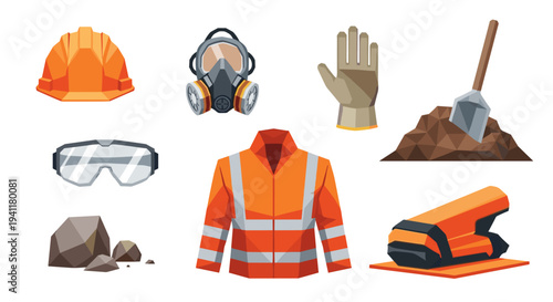 Construction safety equipment 3d set featuring tools and protective gear
