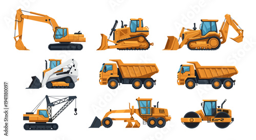 Construction vehicles set: excavator, bulldozer, loader, dump truck, crane, roller