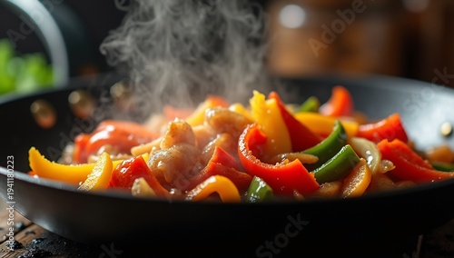 Vibrant, colorful bell peppers and chicken sizzling in a hot, black wok with steam rising.