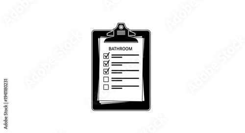 Stylized monochrome icon featuring a bathroom checklist on a clipboard, highlighting successful