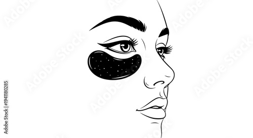 Elegant line art illustration of a woman's face in profile using under-eye patches for beauty care