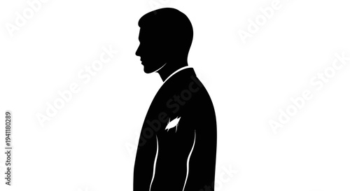 Elegant male profile in sophisticated suit with a pocket square against a crisp white backdrop