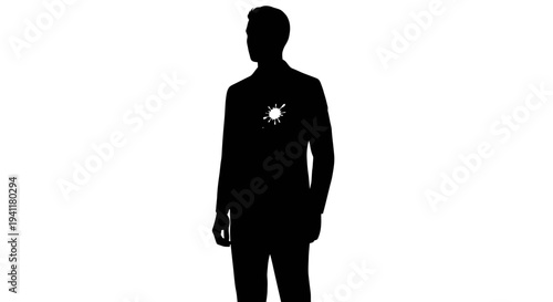 Mysterious silhouette of a man with an abstract white paint splat on his dark suit against a clean