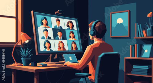 Virtual meeting workspace in modern flat style with online team communication