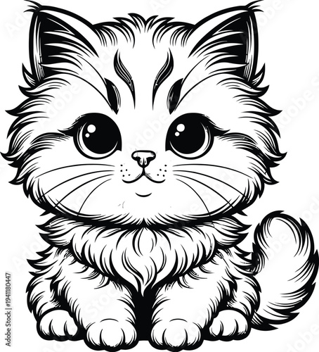 Vector illustration of a cute cartoon kitten in black and white