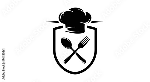 Elegant culinary shield logo featuring a classic chef's hat with crossed spoon and fork in
