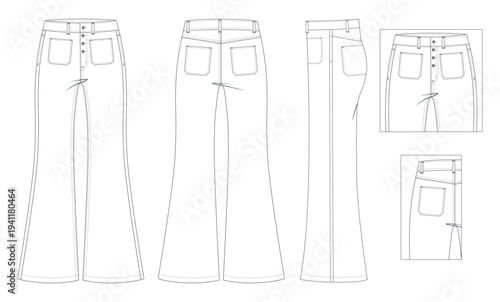 High-Waisted Bootcut Pants CAD Sketch Professional Fashion Template with Visible Button Fly, Square Front Pockets, and Back Yoke Details