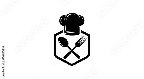 Professional culinary chef's hat with crossed spoon and fork within a shield emblem logo design