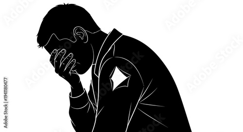 A somber silhouette of a distressed individual contemplating profound personal struggles and