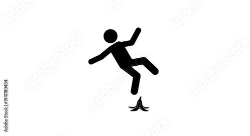 Slippery situation depicted by a minimalist black stick figure losing balance on a discarded