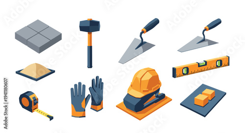 Isometric construction tools set: hammer, tape measure, trowels, helmet