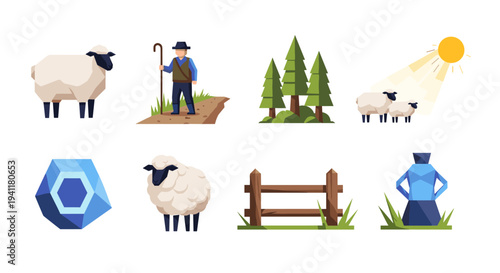 Geometric farm life: shepherd, sheep, and nature in minimalist design