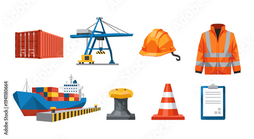 Maritime shipping elements: logistics tools and safety gear collection