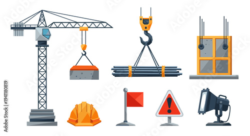 Construction site equipment icons set for industrial projects