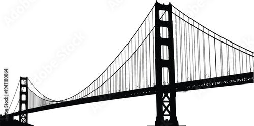 Golden Gate Bridge silhouette illustration, suspension architecture landmark vector art, San Francisco iconic structure design, engineering marvel concept