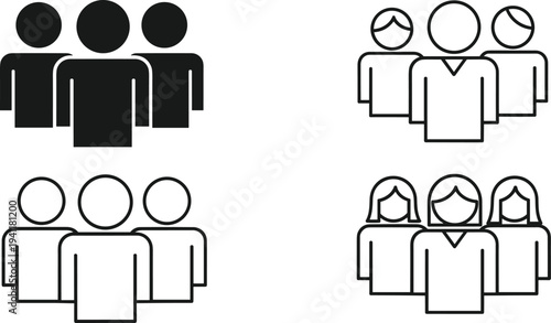 Group icons representing diversity, teamwork, demographics, collaboration, unity, inclusion, people composition, community structure, social connection, collective identity, organizational concept