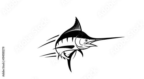 Striking black and white marlin illustration in dynamic motion, a powerful ocean predator depicted