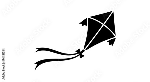 Dynamic graphic silhouette of a recreational kite soaring with trailing ribbons, symbolizing