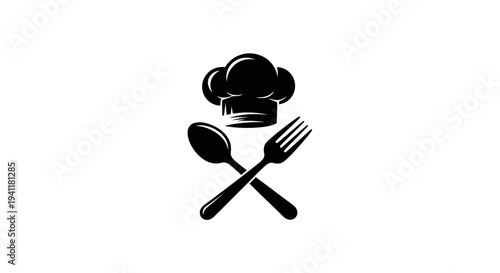 Culinary excellence emblem featuring a classic chef's toque with crossed dining utensils for food