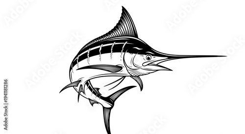 Dynamic monochrome illustration of a leaping marlin, capturing the powerful spirit of deep-sea